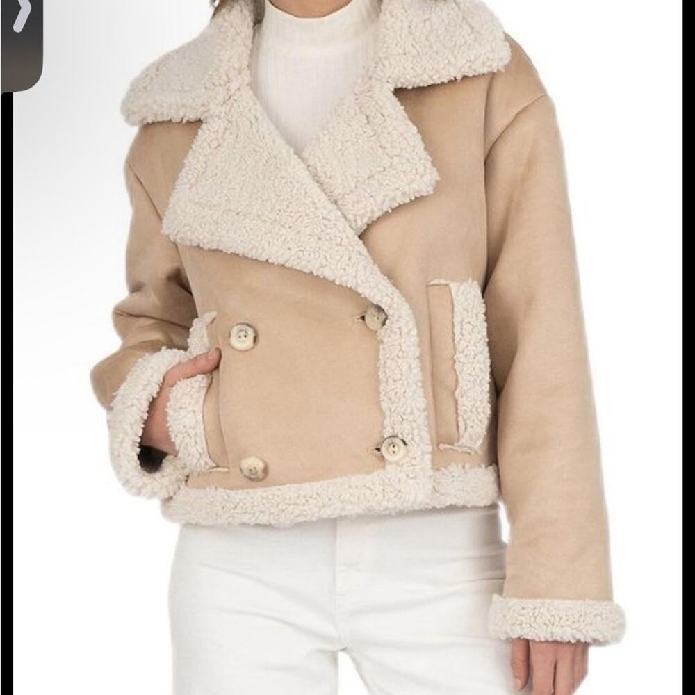 Frye Women's Faux Suede Shearling Tan Beige moto Jacket NWT cream size Medium